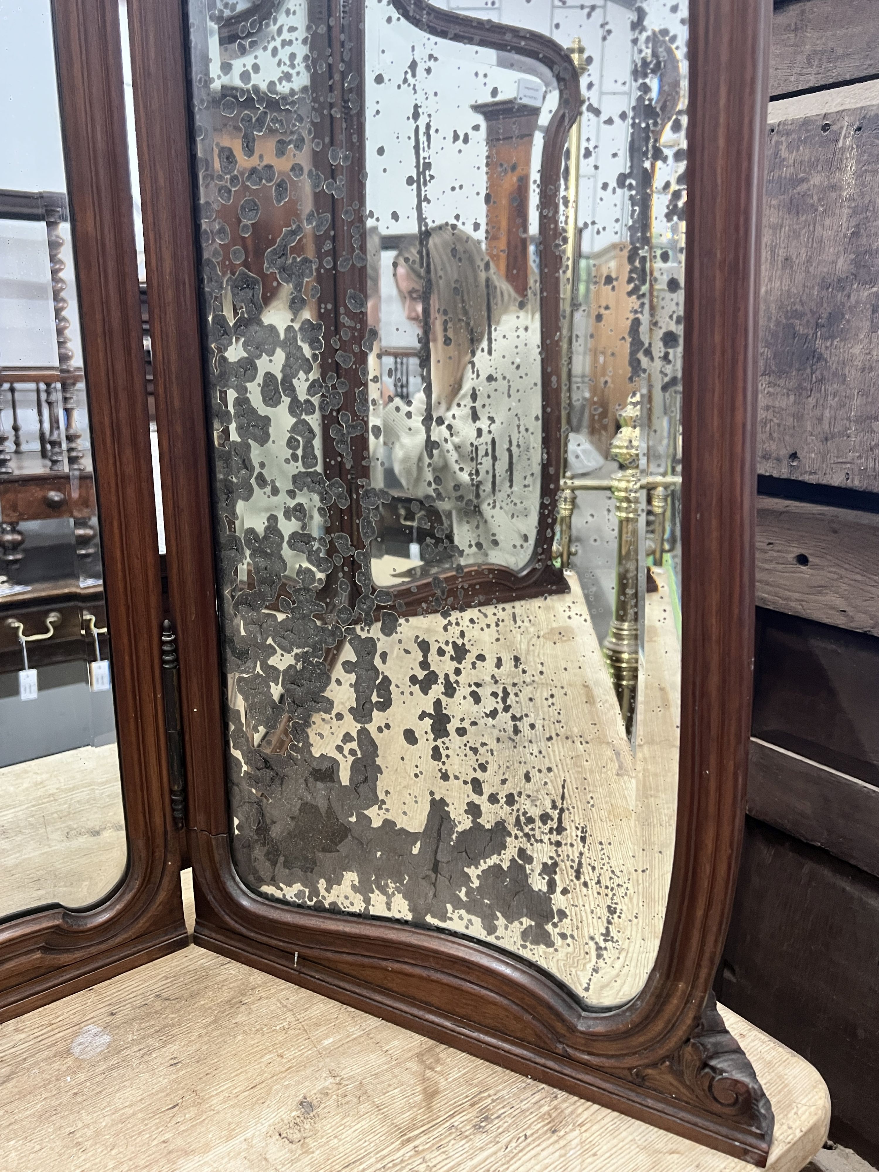 An early 20th century French carved walnut folding triple dressing table mirror, height 106cm